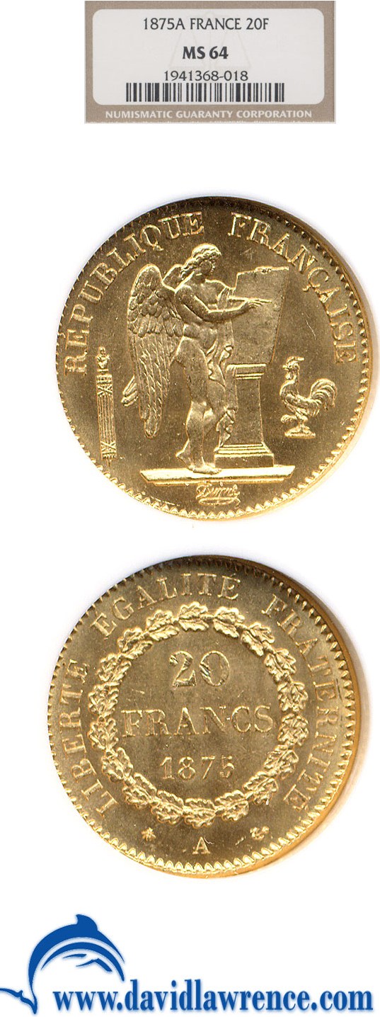 image for: France: 1875-A Gold 20 Franc  NGC MS64