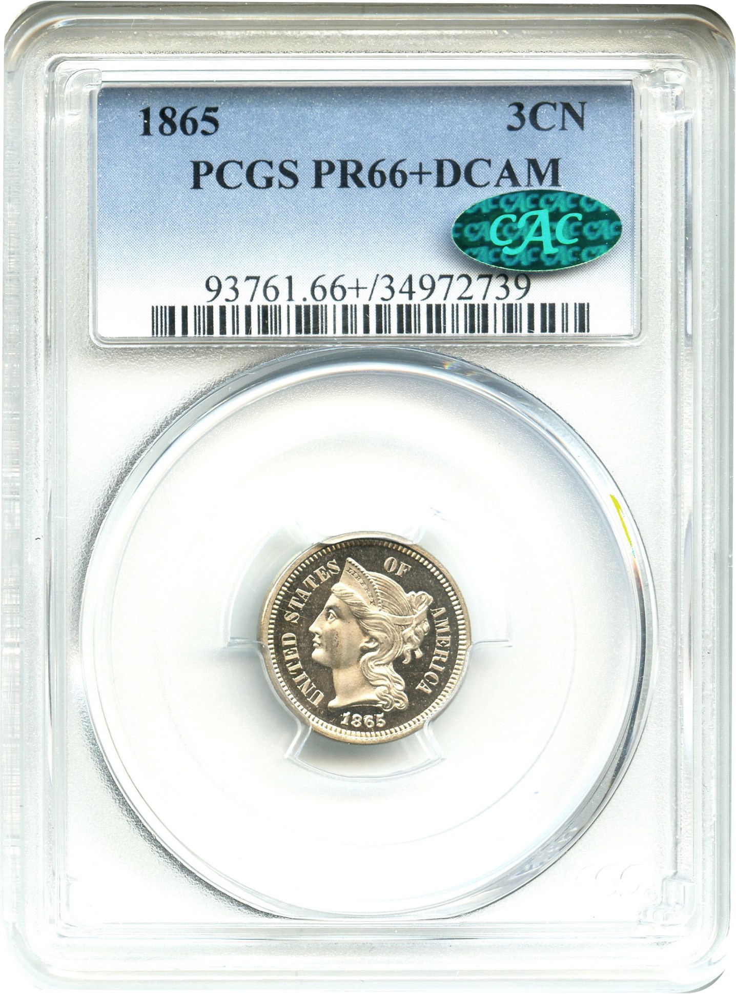 image for: 1865 3cN PCGS/CAC Proof 66+ DCAM