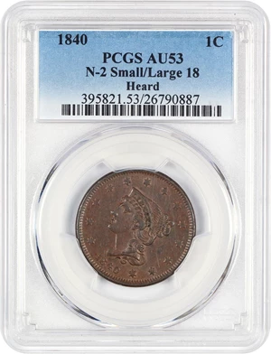 image for: 1840 1c PCGS AU53 (N-2 Small/Large 18)