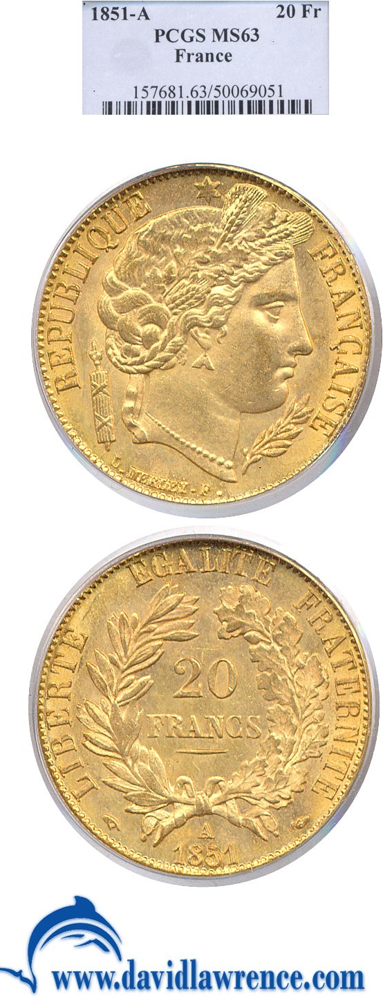 image for: France: 1851-A  Gold 20 Franc PCGS MS63