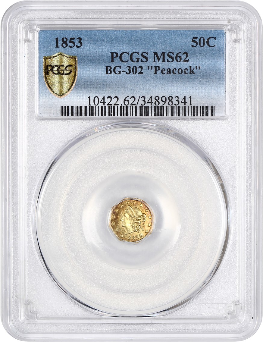 image for: 1853 Cal. Gold 50c PCGS MS62 (BG-302 Peacock)