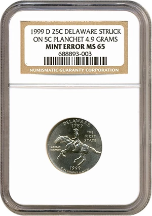 image for: 1999-D 25c Delaware NGC MS65 - Struck on a 5c Planchet (4.9g)