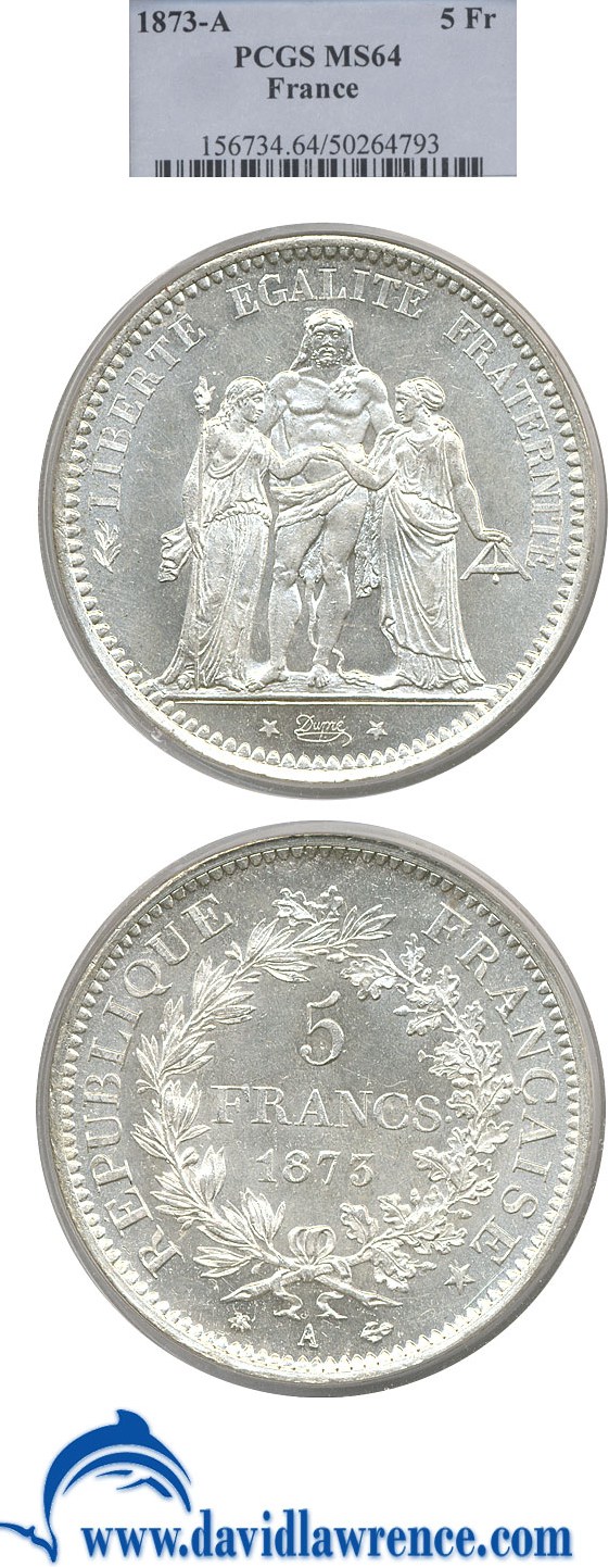 image for: France: 1873-A 5 Franc PCGS MS64