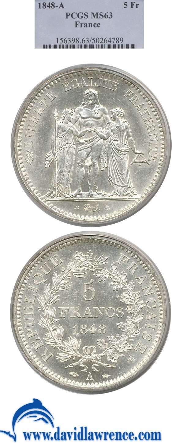 image for: France: 1848-A 5 Franc PCGS MS63