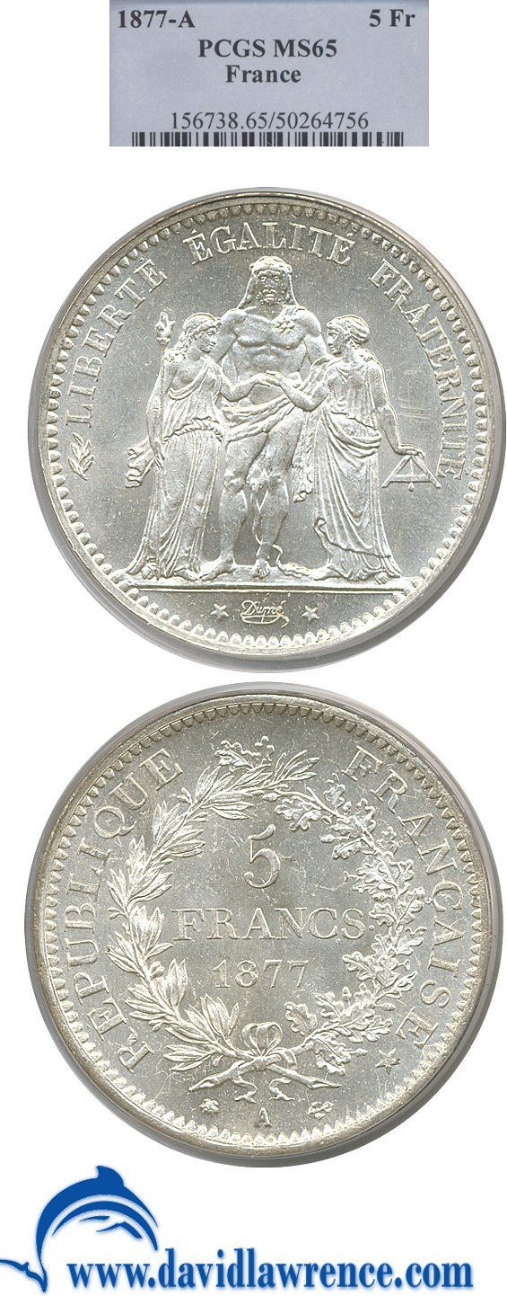 image for: France: 1877-A 5 Franc PCGS MS65