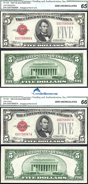 image for: Fr.1528 & 1529 1928-C & D $ 5 CGA Gem CU 65 & 66 **Changeover Pair**