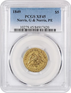 image for: 1849 Norris, Greg & Norris $5 PCGS XF45 (Plain Edge)