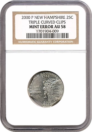image for: 2000-P 25c New Hampshire NGC AU58 - Triple Curved Clips