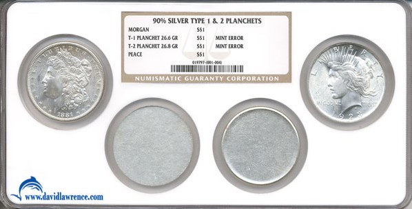 image for: Silver Dollar Type 1 & 2 Planchets (90% silver) NGC Multiholder with normal Morgan & Peace $ for comparison (4 coins)