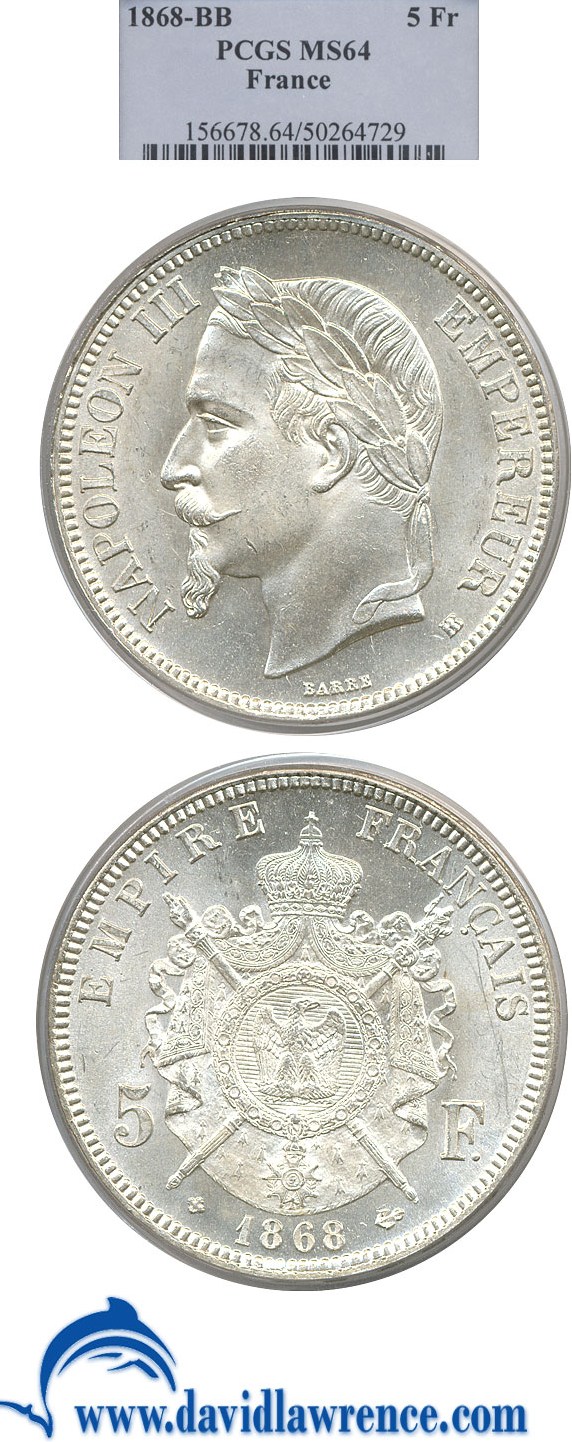 image for: France: 1868-BB 5 Franc PCGS MS64