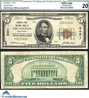 image for: Fr.1800-1 1929 $5 Type 1 CGA VF 20 #2491. Los Angeles, CA.