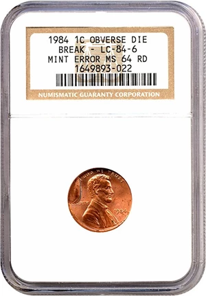 image for: 1984 1c NGC MS64 RD - Obverse Die Break (LC-84-6)