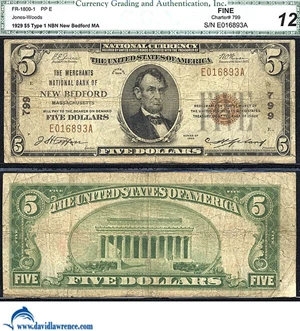 image for: Fr.1800-1 1929 $5 Type 1 CGA F 12 #799. New Bedford, MA.