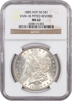 image for: Hot 50 VAM: 1885 $1 NGC MS62 (VAM-1B, Pitted Reverse)