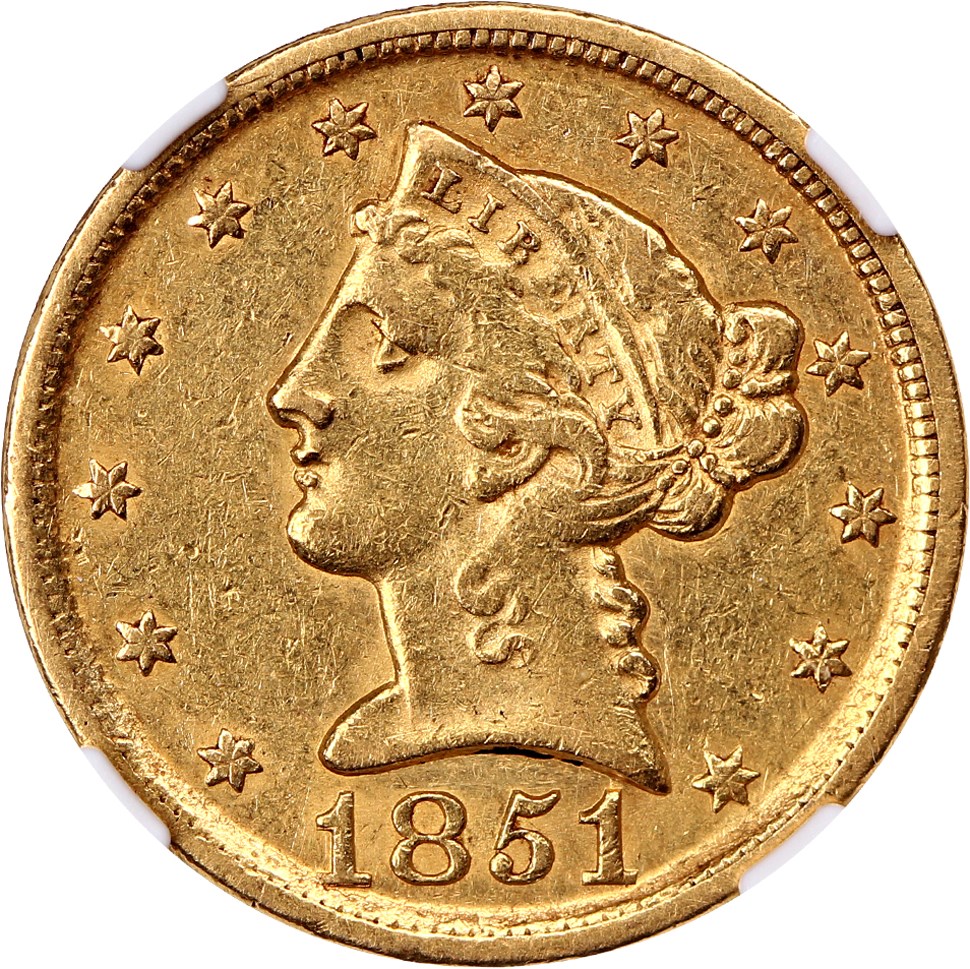image for: 1851-D $5 NGC/CAC AU55