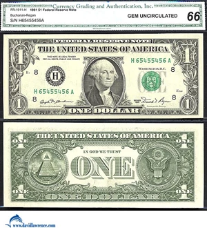 image for: Fr.1911-H 1981 $1 CGA Gem CU 66 *Serial H65455456A*