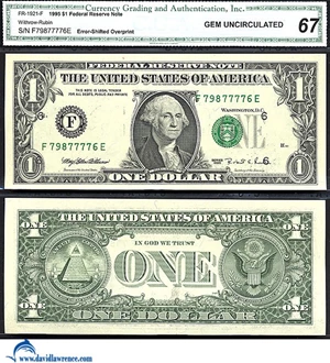 image for: Fr.1921-F 1995 $1 CGA Gem CU 67 *Error - Shifted Overprint*