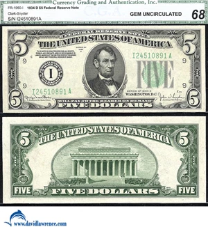 image for: Fr.1960-I 1934D $5 CGA Gem CU 68