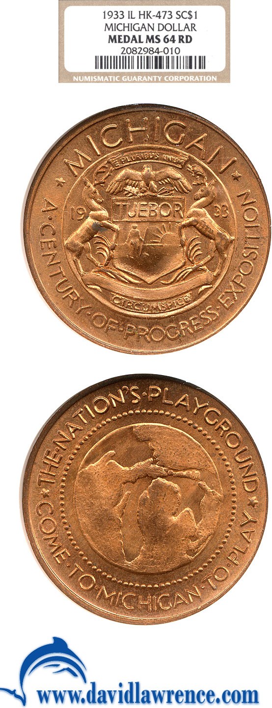 image for: 1933 SC$1 Michigan Dollar Medal NGC MS64 RD (IL HK-473) 