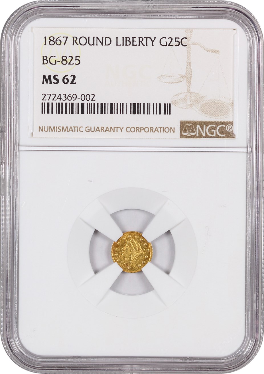 image for: 1867 Cal. Gold 25c NGC MS62 (BG-825)