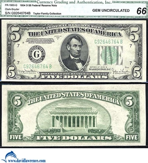 image for: Fr.1960-G 1934D $5 CGA Gem CU 66
