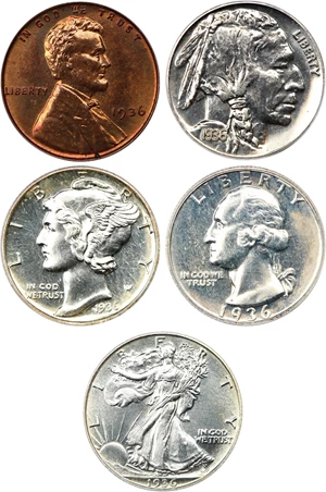 image for: 1936 Proof Set PCGS 64 (5 Coins, 1c is CAC)