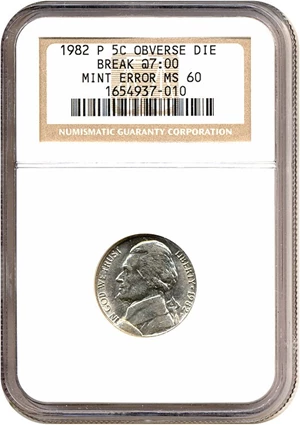 image for: 1982-P 5c NGC MS60 - Obverse Die Break at 7:00