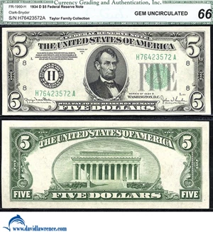 image for: Fr.1960-H 1934D $5 CGA Gem CU 66