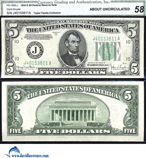 image for: Fr.1960-J 1934D $5 CGA AU58