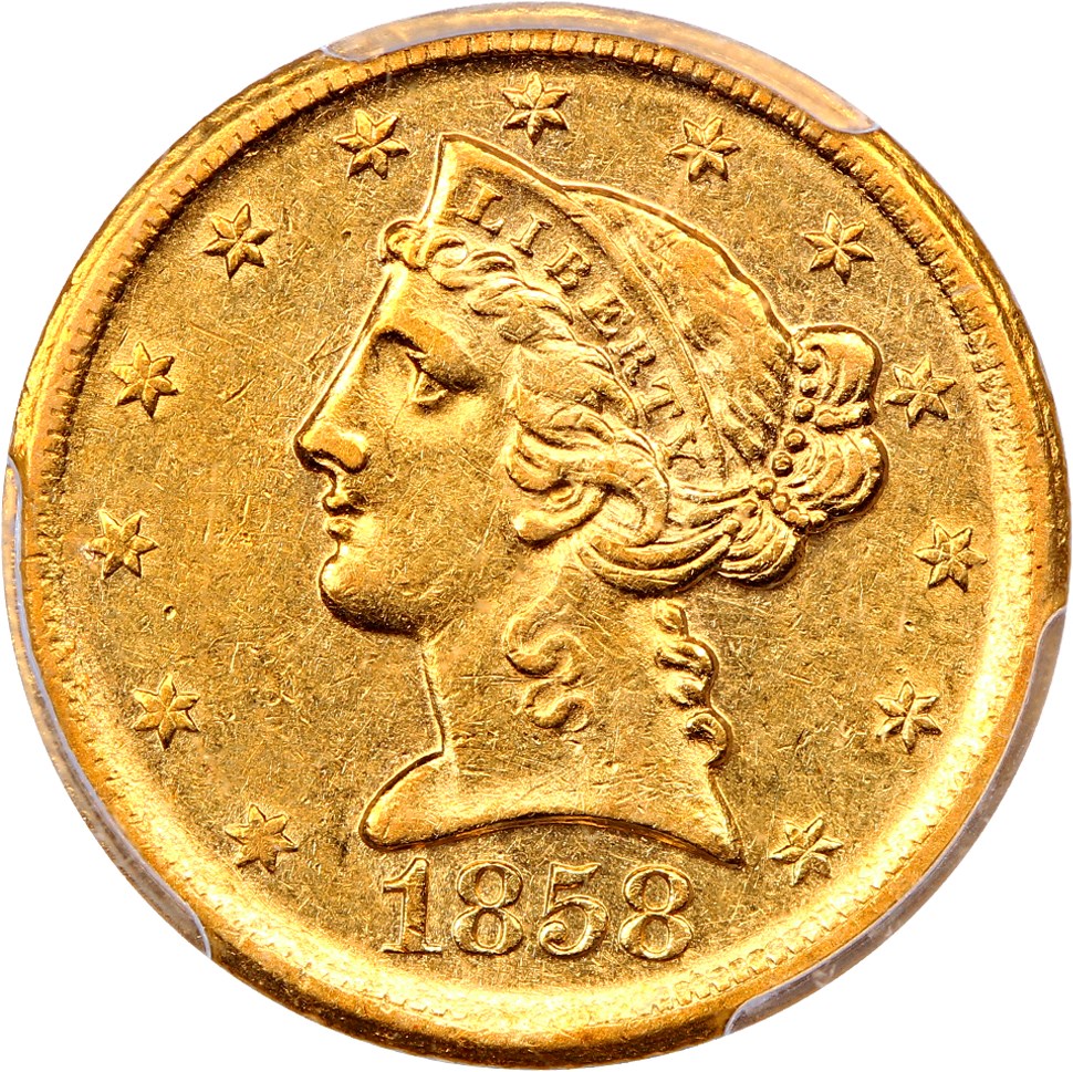 image for: 1858-D $5 PCGS AU58