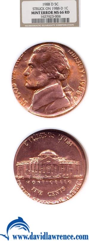 image for: 1988-D 5c NGC MS66 RD - Struck on 1988-D 1c