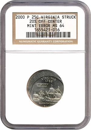 image for: 2000-P Virginia 25c NGC MS64 - Struck 20% off center