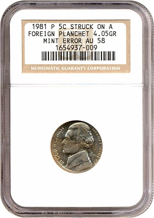 image for: 1981-P 5c  NGC AU58 - Struck on a Foreign Planchet (4.05g)