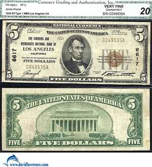 image for: Fr.1800-1 1929 $5 Type 1 CGA VF 20 #6617. Los Angeles, CA.