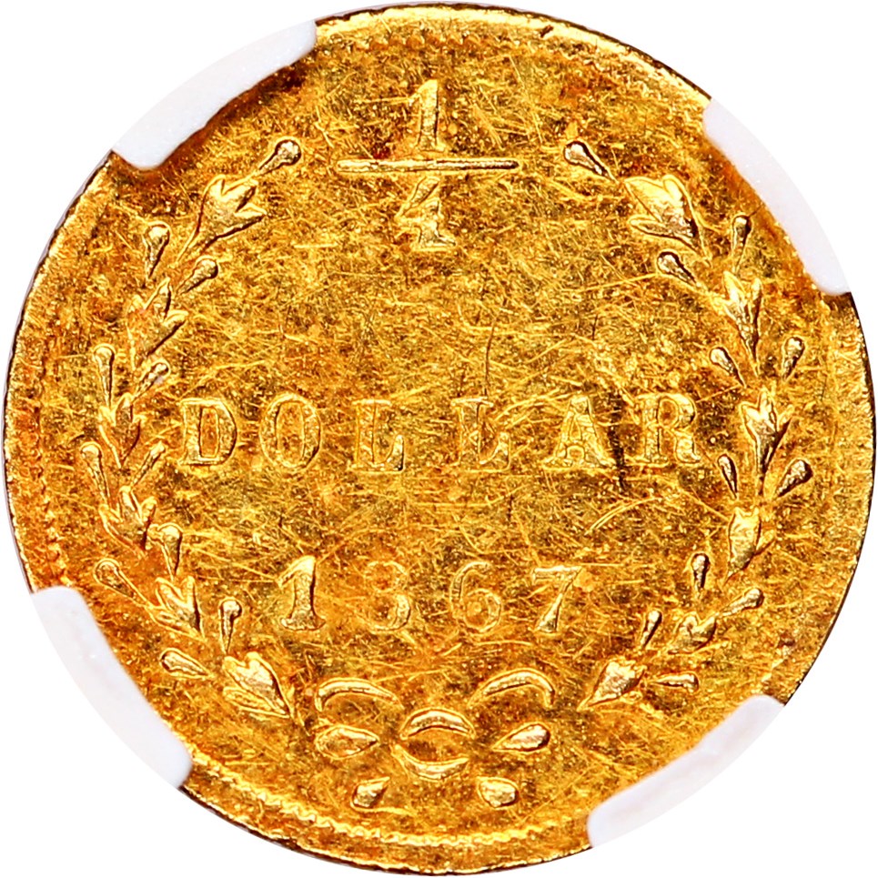 image for: 1867 Cal. Gold 25c NGC MS62 (BG-825)