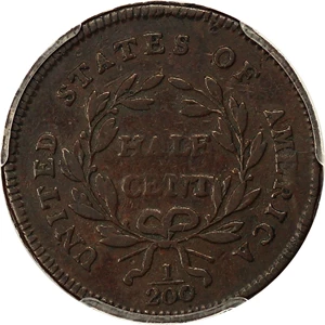 image for: 1795 1/2c PCGS/CAC F12 (With Pole, Reeded Edge, Punctuated Date)