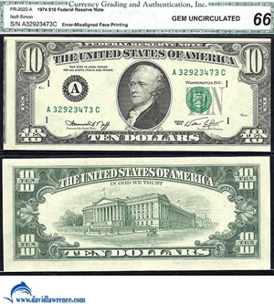 image for: Fr.2022-A 1974 $10 CGA Gem CU 66 *Error - Misaligned Face Printing*