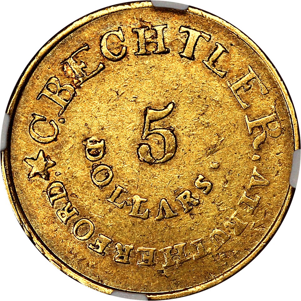 image for: (1834-37) C. Bechtler $5 NGC AU58 140 GR, 20C (RUTHERFORD)