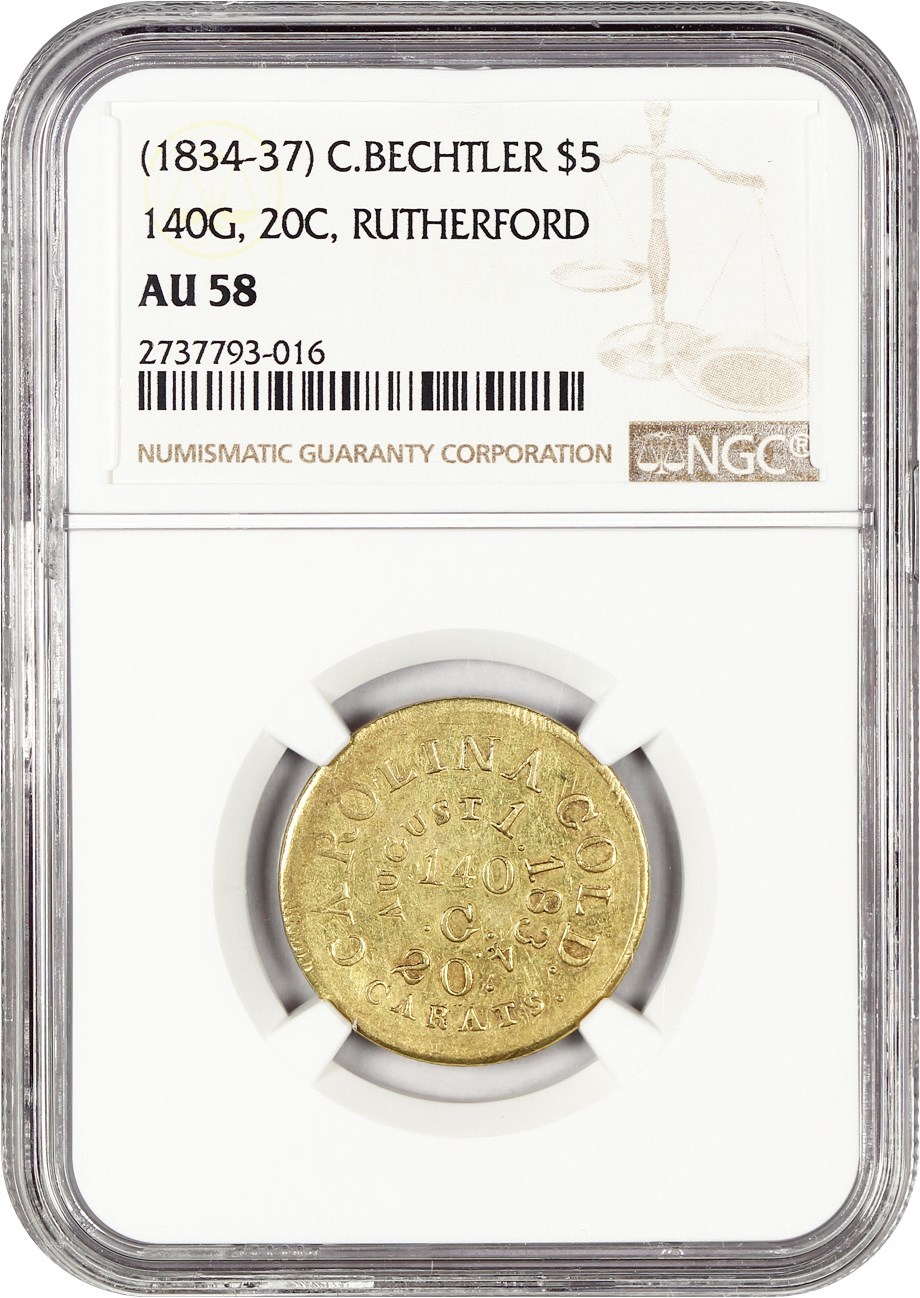 image for: (1834-37) C. Bechtler $5 NGC AU58 140 GR, 20C (RUTHERFORD)