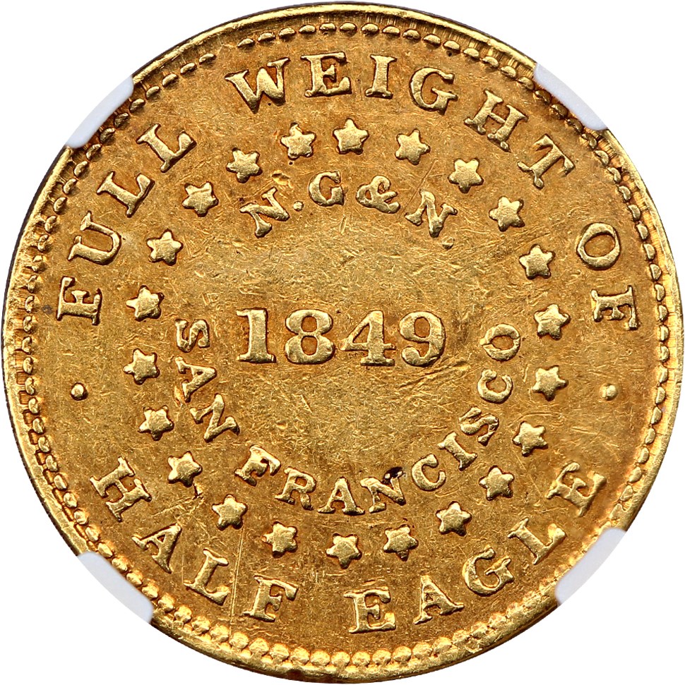 image for: 1849 Norris, Gregg, & Norris $5 NGC/CAC AU55 (Reeded Edge)