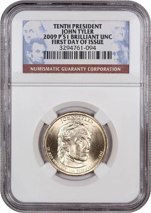image for: 2009-P John Tyler $1 NGC Brilliant Unc. (First Day of Issue)