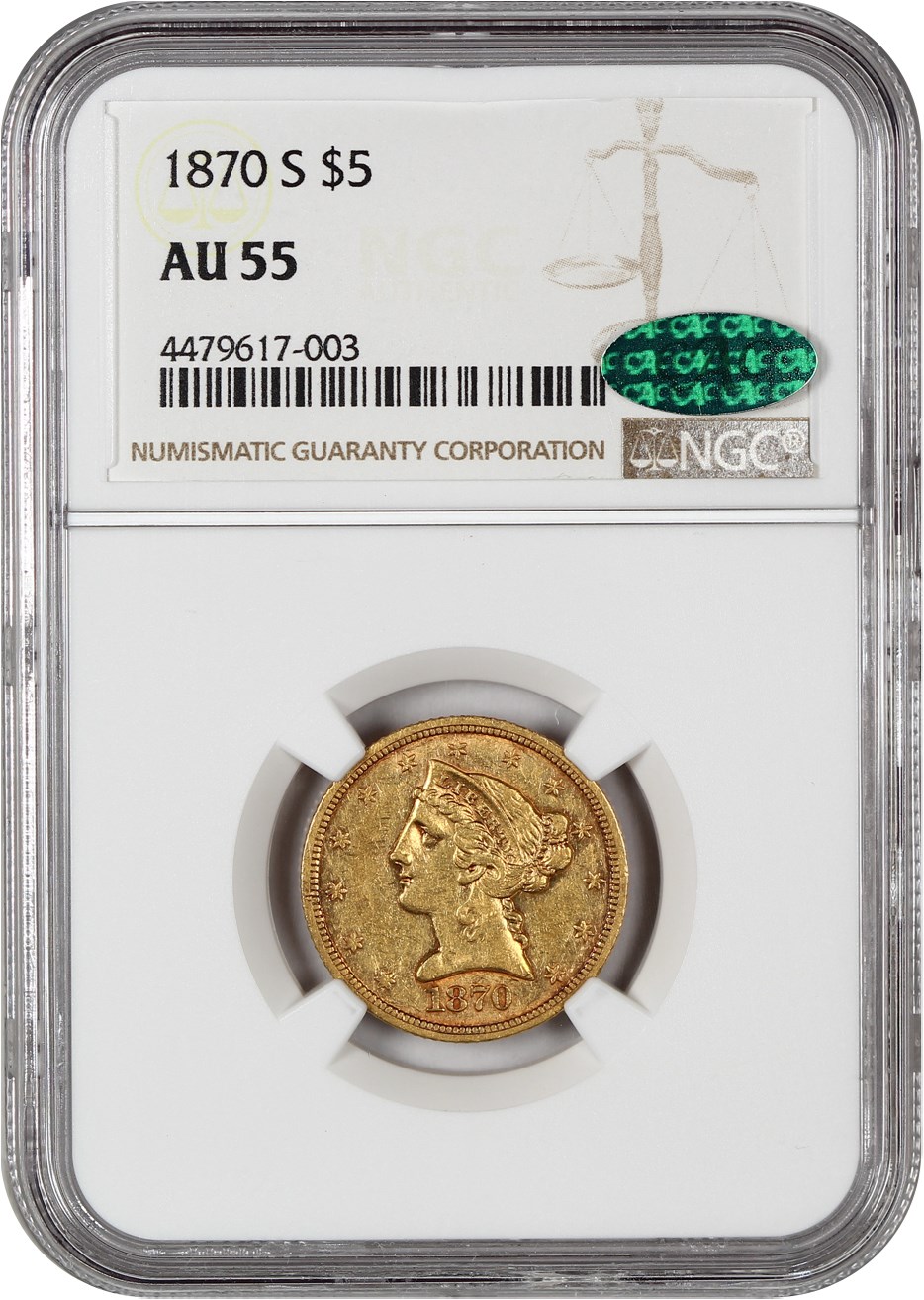 image for: 1870-S $5 NGC/CAC AU55