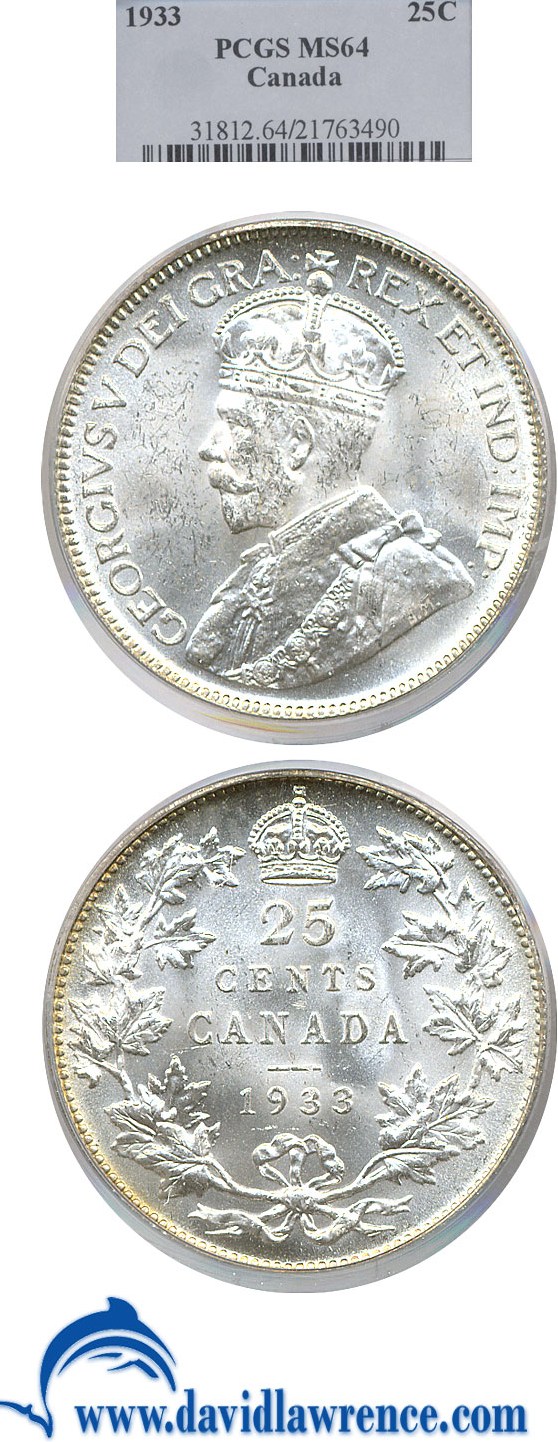 image for: Canada: 1933 25c PCGS MS64