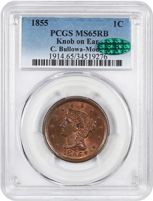 image for: 1855 1c PCGS/CAC MS65 RB (Knob Ear) ex: Bullowa