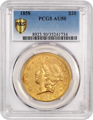 image for: 1858 $20 PCGS AU50