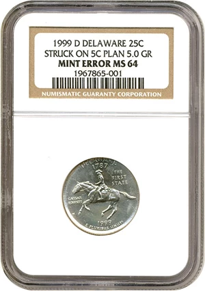 image for: 1999-D 25c Delaware NGC MS64 - Struck on 5c planchet (5.0 Grams)