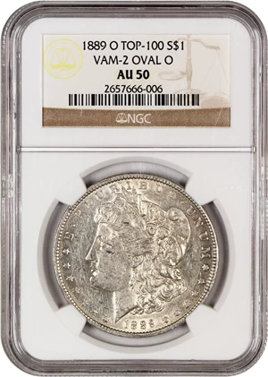 image for: Top 100 VAM: 1889-O $1 NGC AU50 (VAM-2, Oval O)