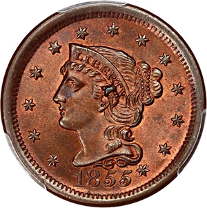 image for: 1855 1c PCGS/CAC MS65 RB (Knob Ear) ex: Bullowa