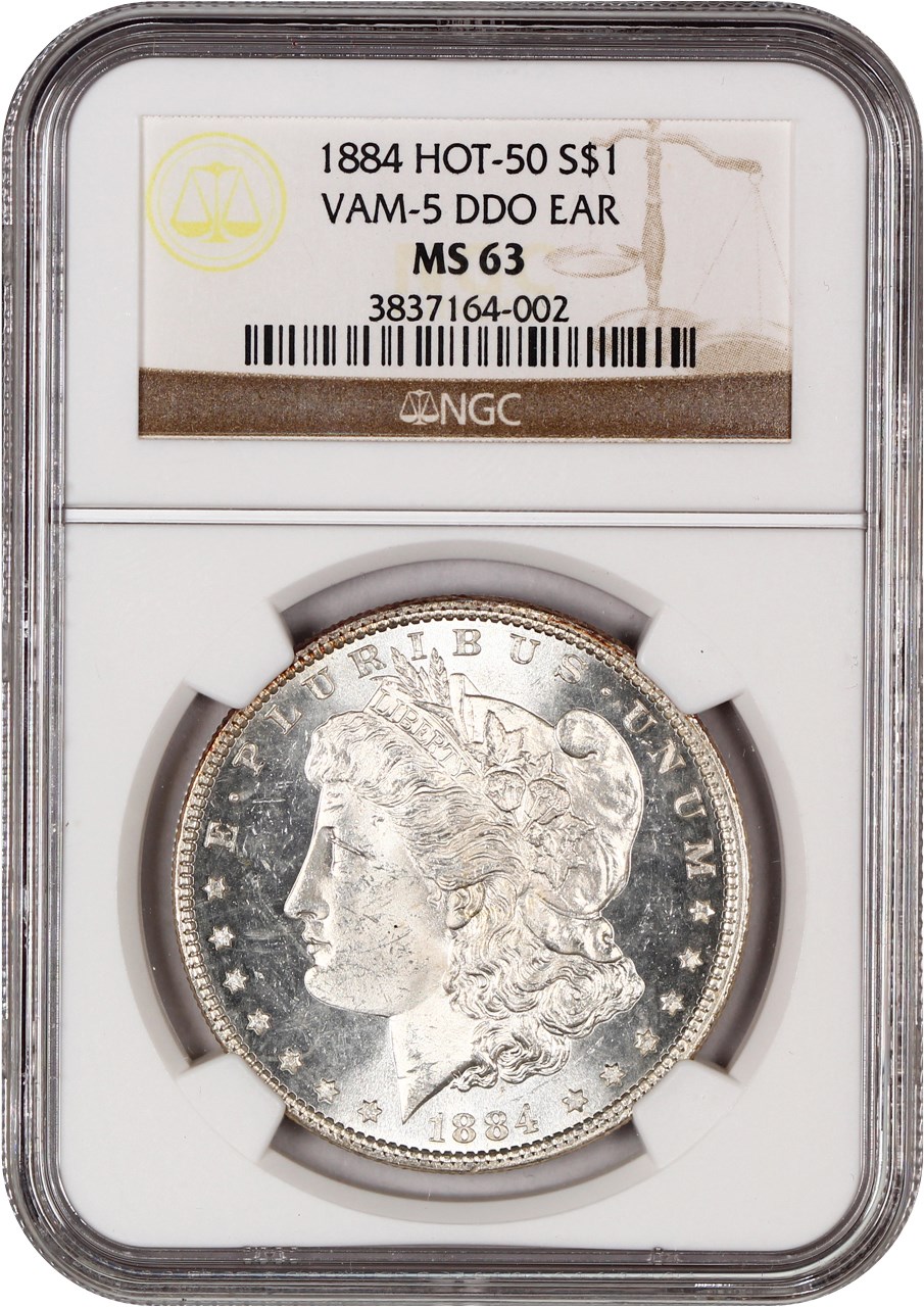 image for: Hot 50 VAM: 1884 $1 NGC MS63 (VAM-5, Doubled Ear)