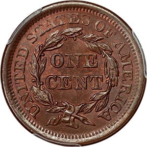 image for: 1855 1c PCGS/CAC MS65 RB (Knob Ear) ex: Bullowa